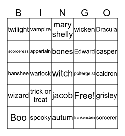 Halloween Emma Bingo Card