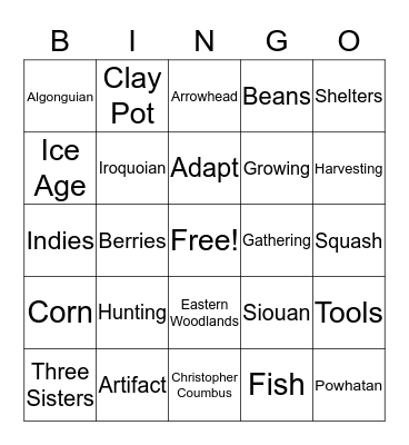Virginia Native American Indians Bingo Card