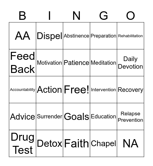 Recovery Bingo Card