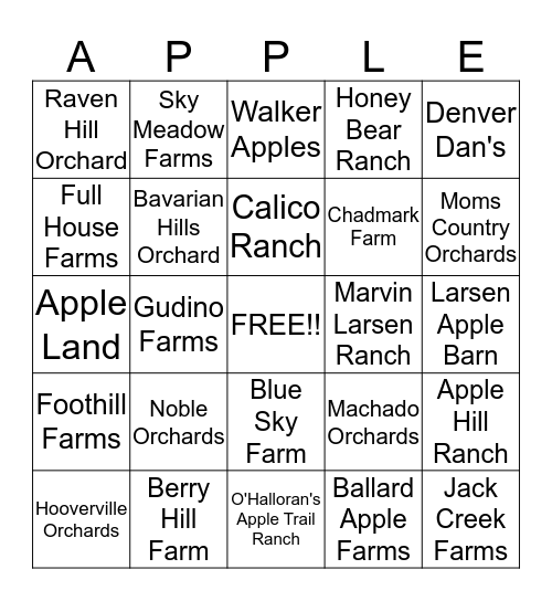 California Apple Farms Bingo Card