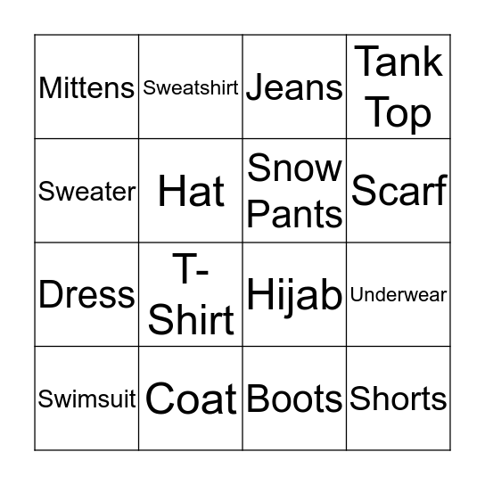Clothes Bingo Card