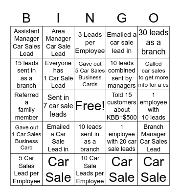 CAR SALES BINGO Card