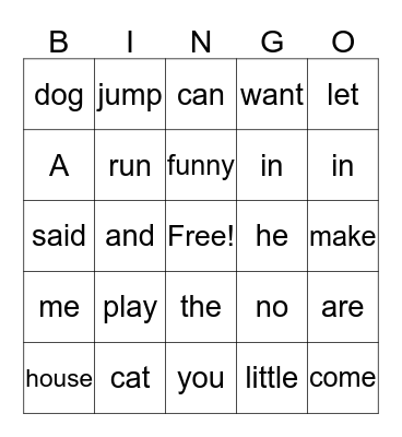Sight Word Bingo Card