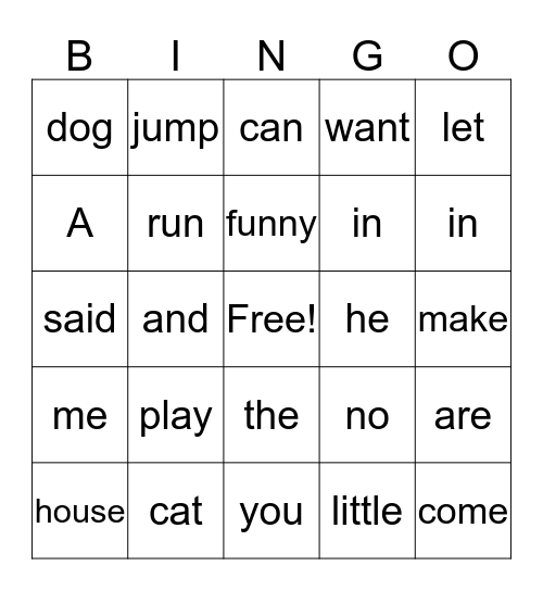 Sight Word Bingo Card