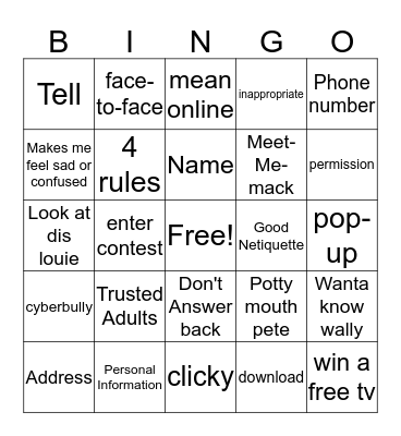 Internet Safety Bingo Card