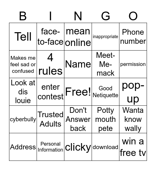 Internet Safety Bingo Card