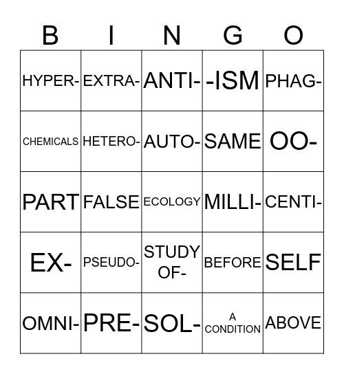 Latin/Greek Affixes and Root Words Bingo Card