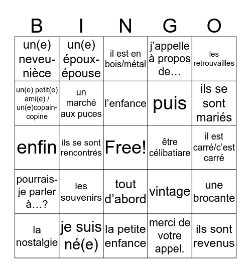 Unité 4 Quizz Bingo Card