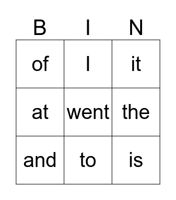 Sight Words Bingo Card