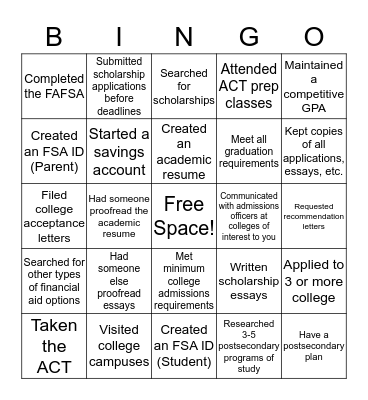 College Checklist Bingo Card