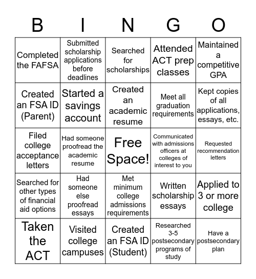 College Checklist Bingo Card