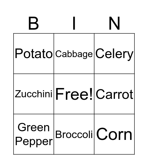 Vegetable Bingo Card