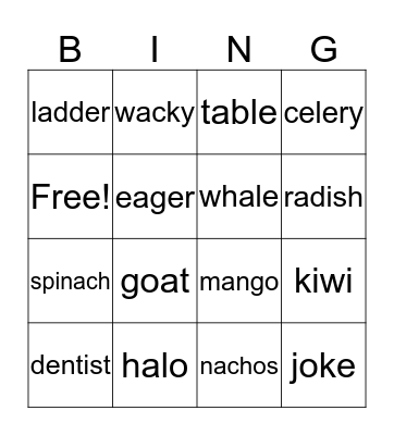 easy onsets Bingo Card