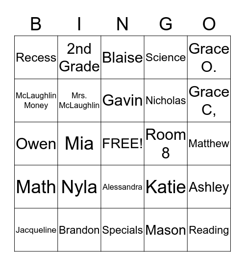 Room 8 2nd Grade Bingo Card