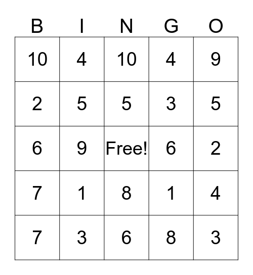Kindergarten Math Numbers 1 10 Bingo Card