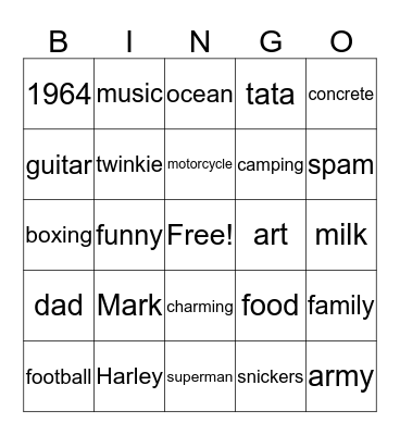 Mark's Big Day  Bingo Card