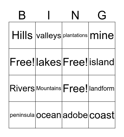 Land and Water Bingo Card