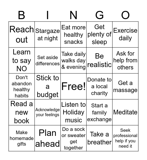 Say NO to Holiday Stress Bingo Card