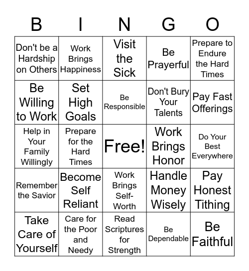 What Does it Mean to be Self Reliant? Bingo Card