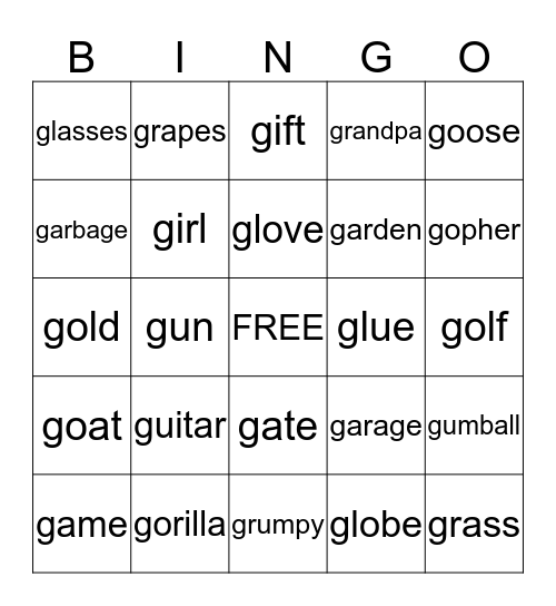 The Letter G Bingo Card