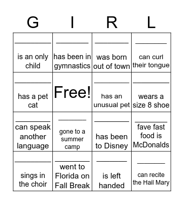 God's Girlz Bingo Card