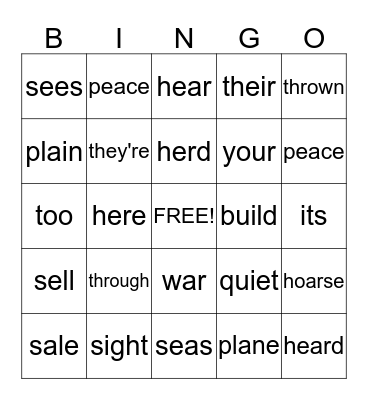 Homonym Bingo Card