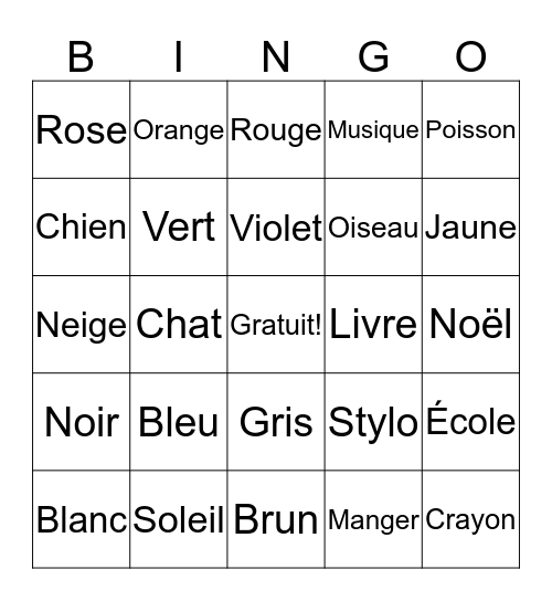 Vocabulaire - Français Bingo Card