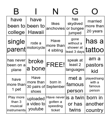 Getting to Know My Creative Arts Team Bingo Card