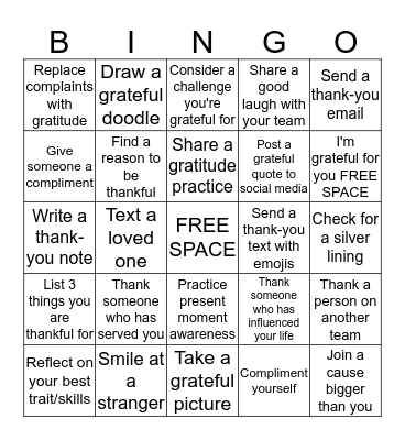 Gratitude Bingo Card