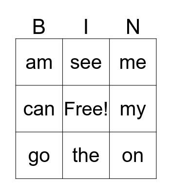 Sight Words Bingo Card