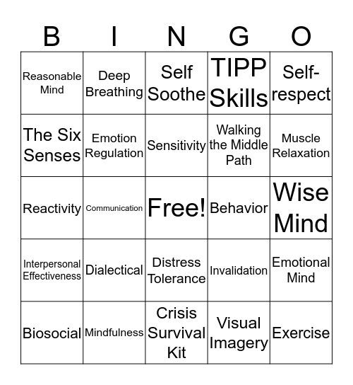 DBT Concepts Bingo Card