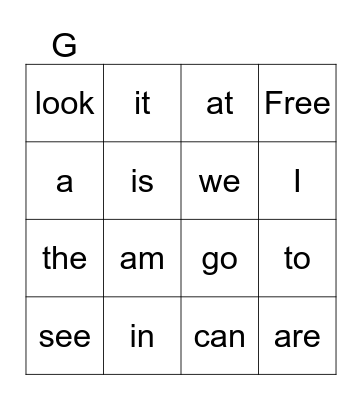 Sight Words Bingo Card