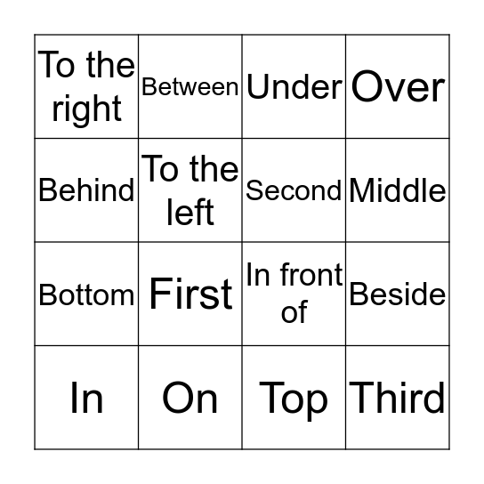 Prepositions Bingo Card