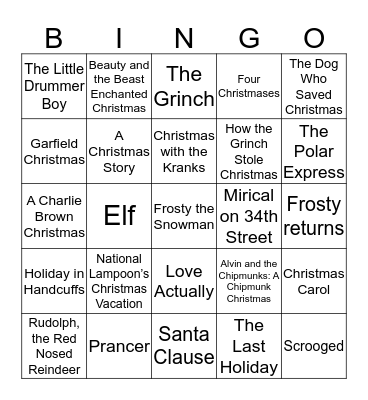 Holiday Movies Bingo Card