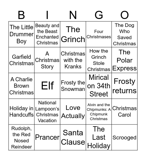 Holiday Movies Bingo Card