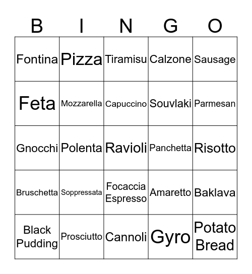 Italian, Greek and Irish Food Bingo Card