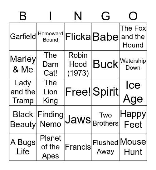 Movies about Animals Bingo Card
