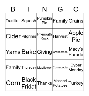 Thanksgiving Words Bingo Card