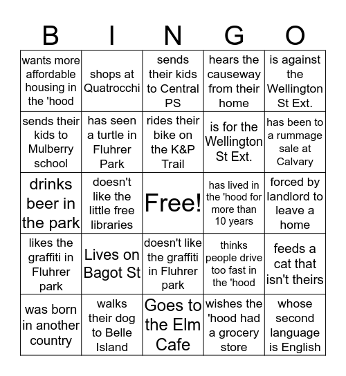 Neighbourhood Bingo Card