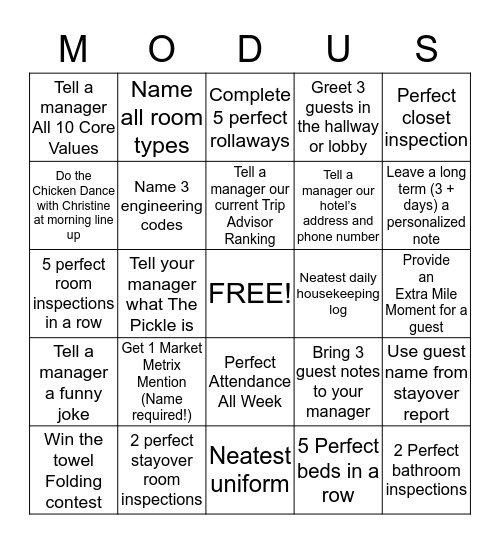 Housekeeping Week Bingo Card