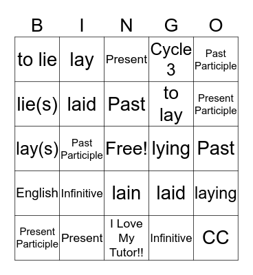 Irregular Verb Tenses Bingo Card
