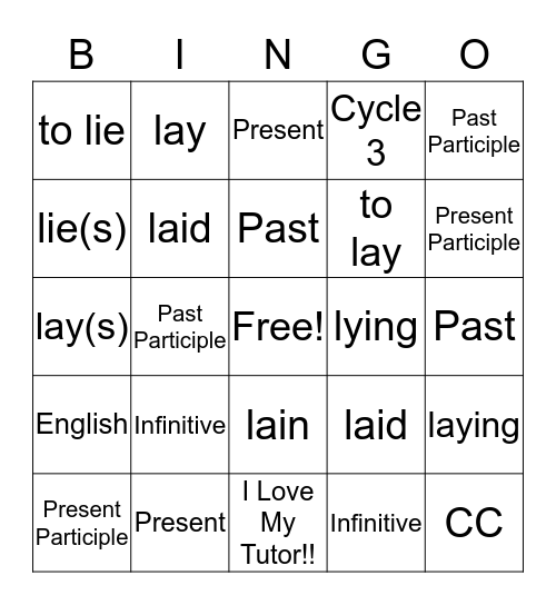 Irregular Verb Tenses Bingo Card