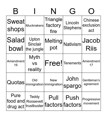 Progressive era bingo Card