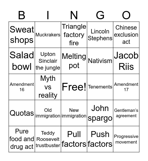 Progressive era bingo Card