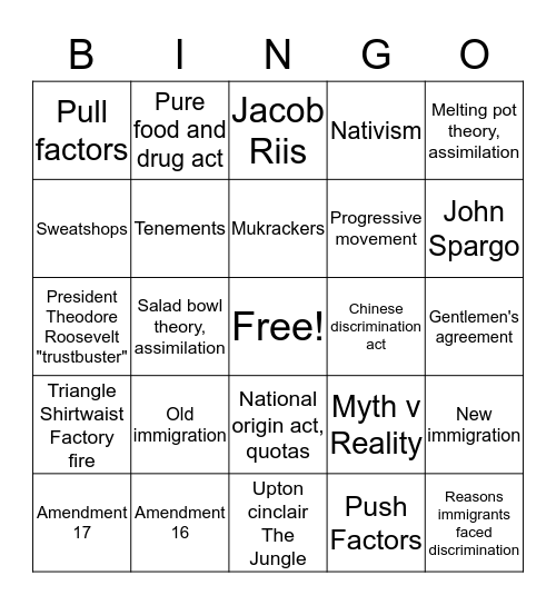 Immigration and progressive era test topics  Bingo Card