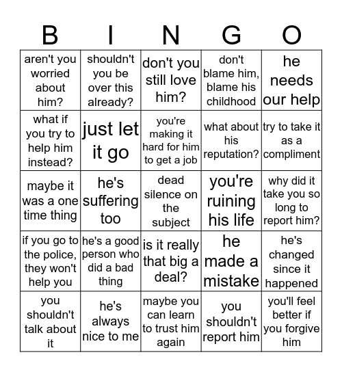 SEXUAL ASSAULT BY FRIENDS AND FAMILY Bingo Card