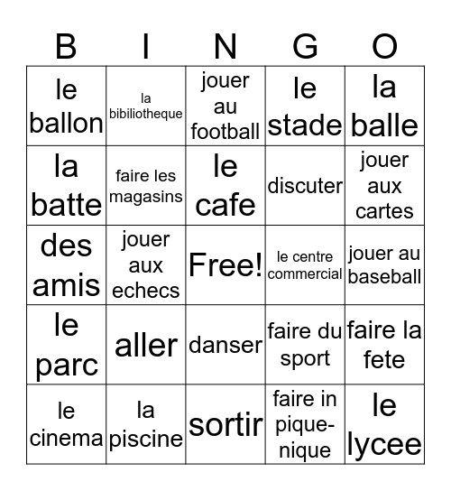 Francais I - Chapitre 2, Vocabulaire 2 Bingo Card