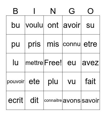 French Two PC Irreg. Bingo Card