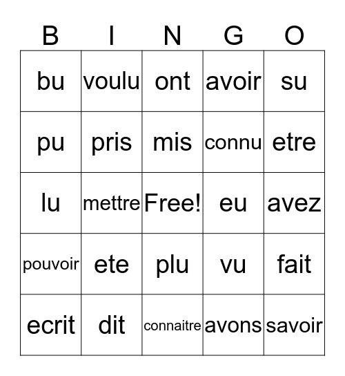 French Two PC Irreg. Bingo Card