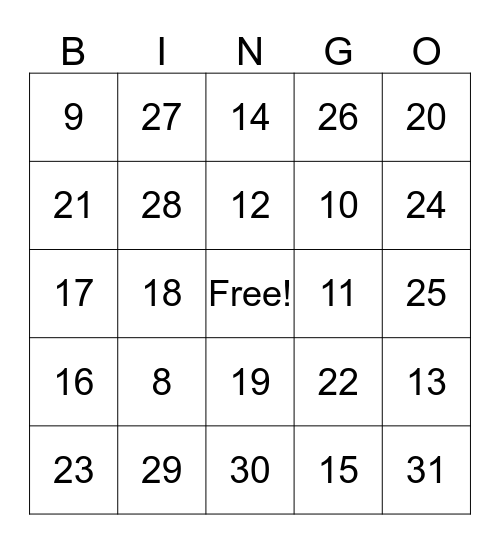Number Bingo Card
